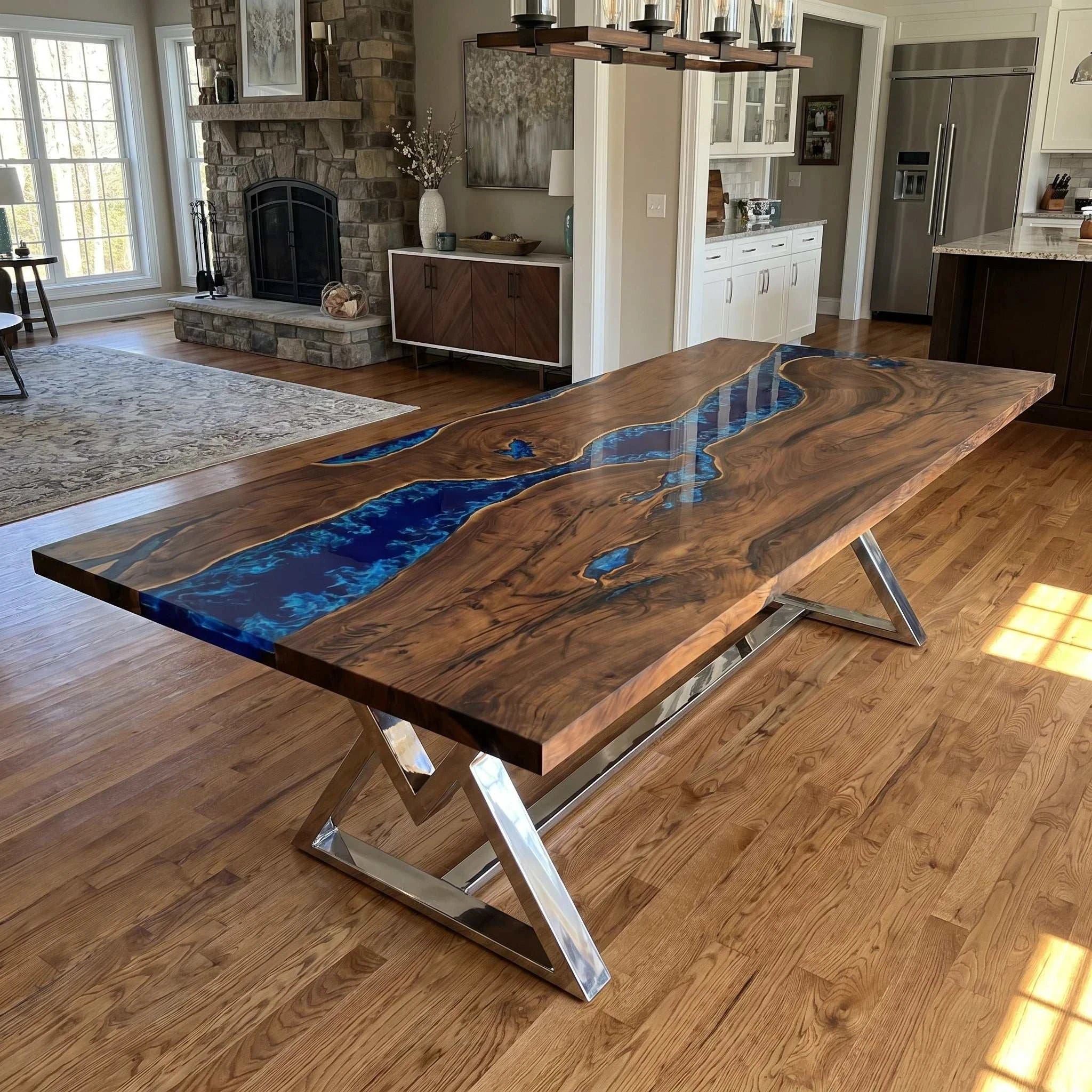 Atlantic Walnut Dining Table with deep blue epoxy river and silver geometric metal base