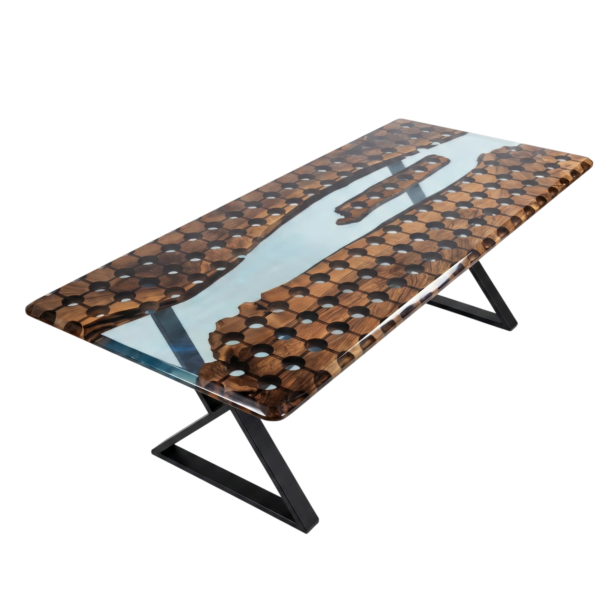 Modern walnut conference table with geometric circular cutouts, clear resin river, floating wood island, and black metal legs