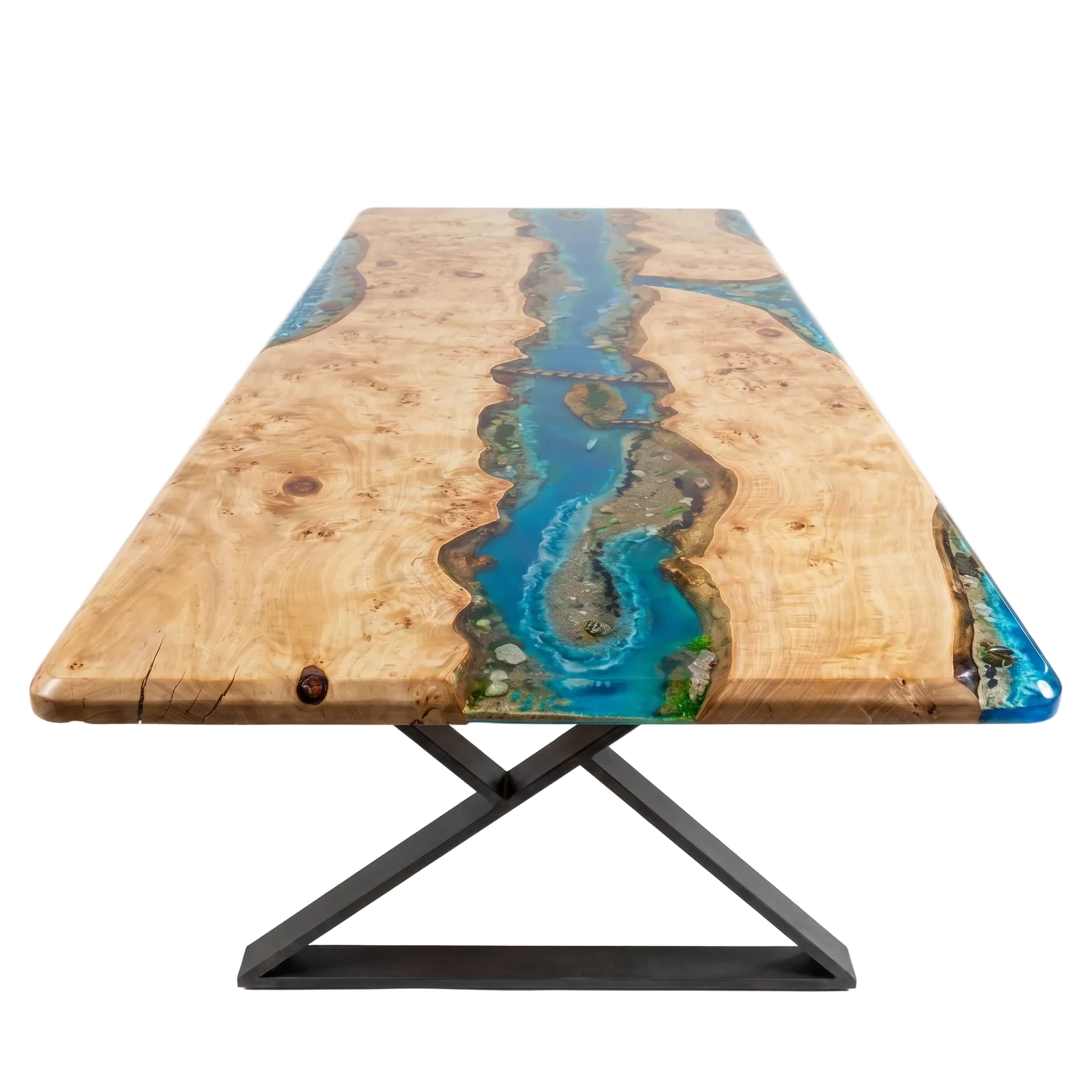 Archipelago Poplar Dining Table with live-edge wood, ocean blue resin river featuring miniature islands and black metal base