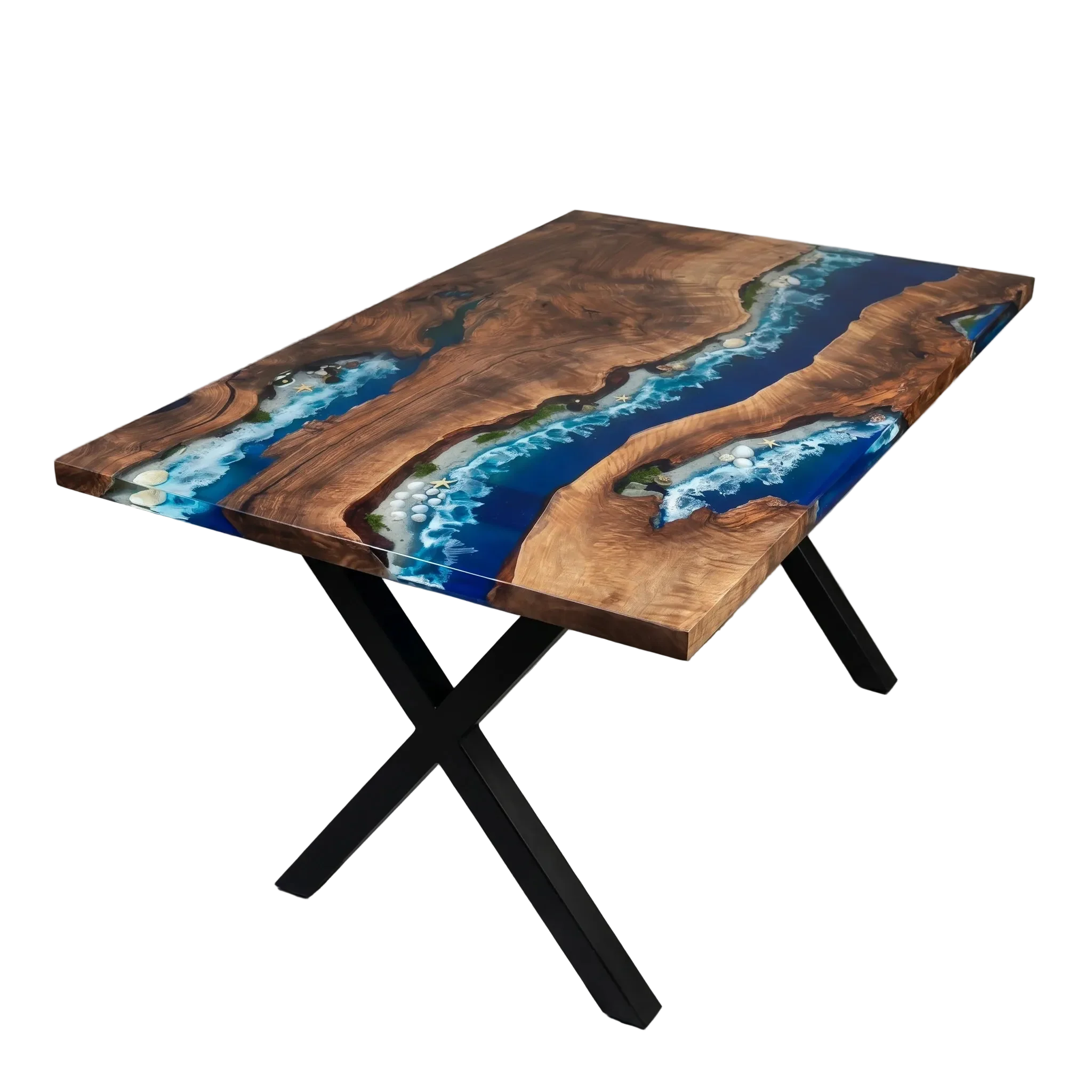 Coral Reef Live Edge Dining Table with walnut wood, blue-green resin ocean river, embedded shells and starfish, black metal X-shaped base