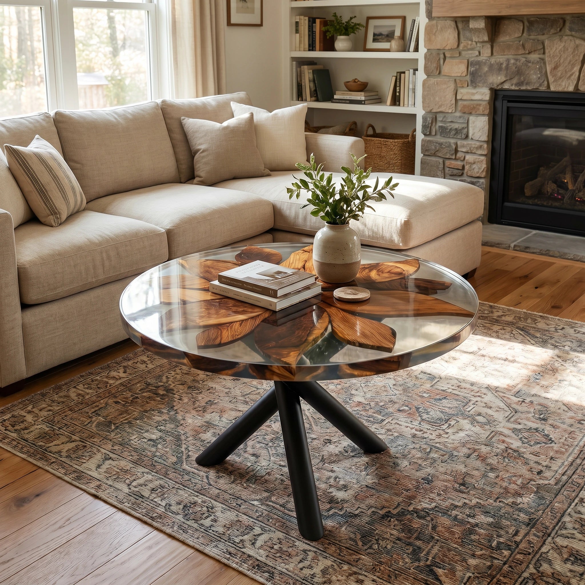 Sunburst Walnut Round Dining Table