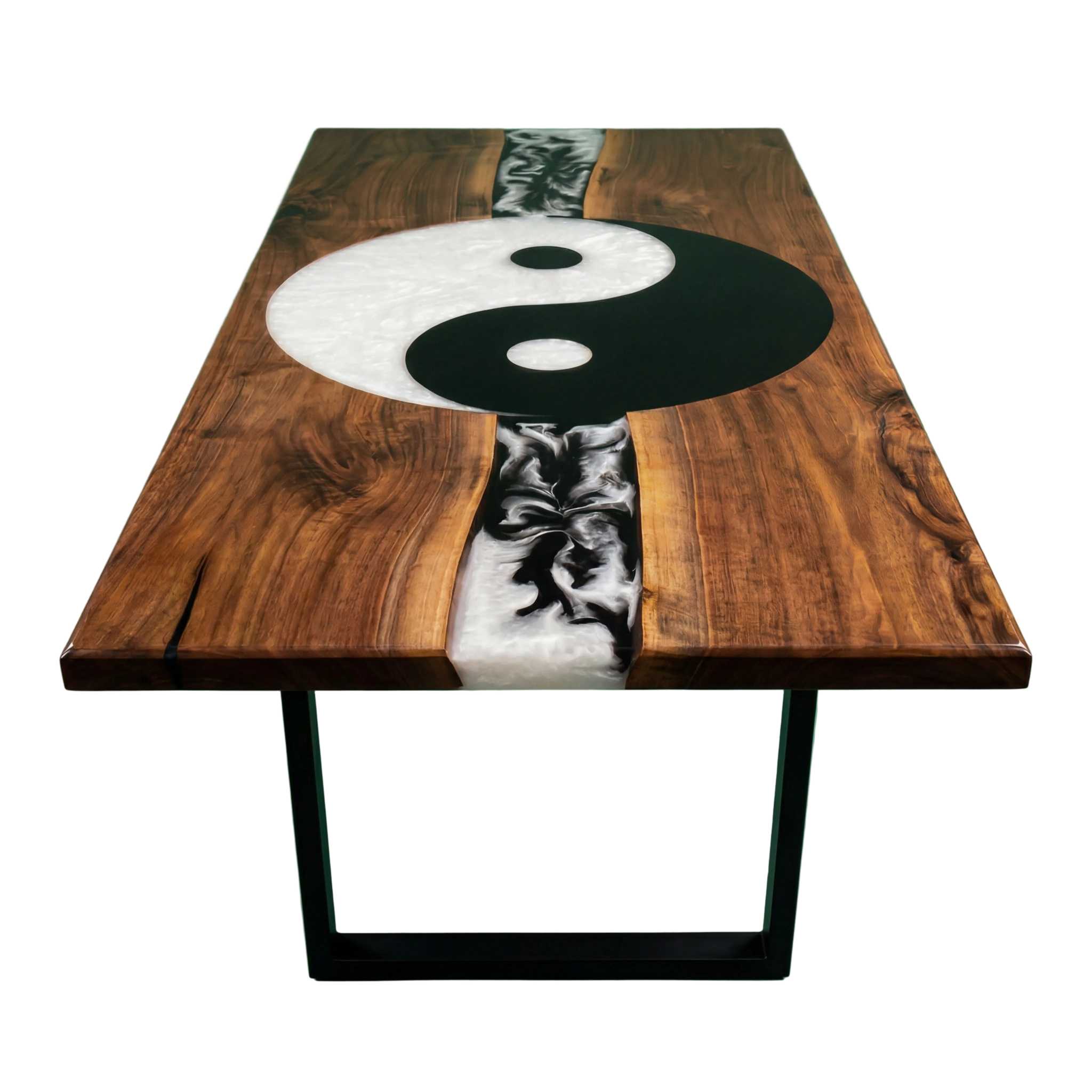 Custom Yin Yang black and white resin inlaid solid walnut dining table with mirror gloss finish