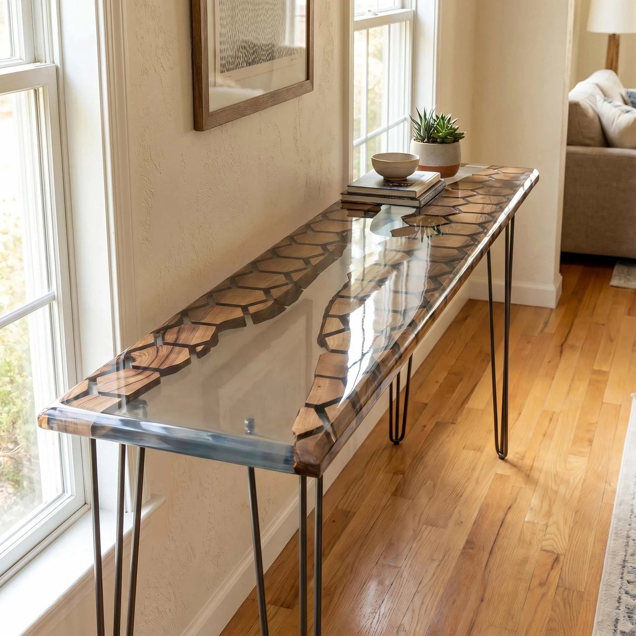 Apex Walnut Bar console with hexagon honeycomb walnut pattern embedded in clear epoxy resin, slim and bar-height design