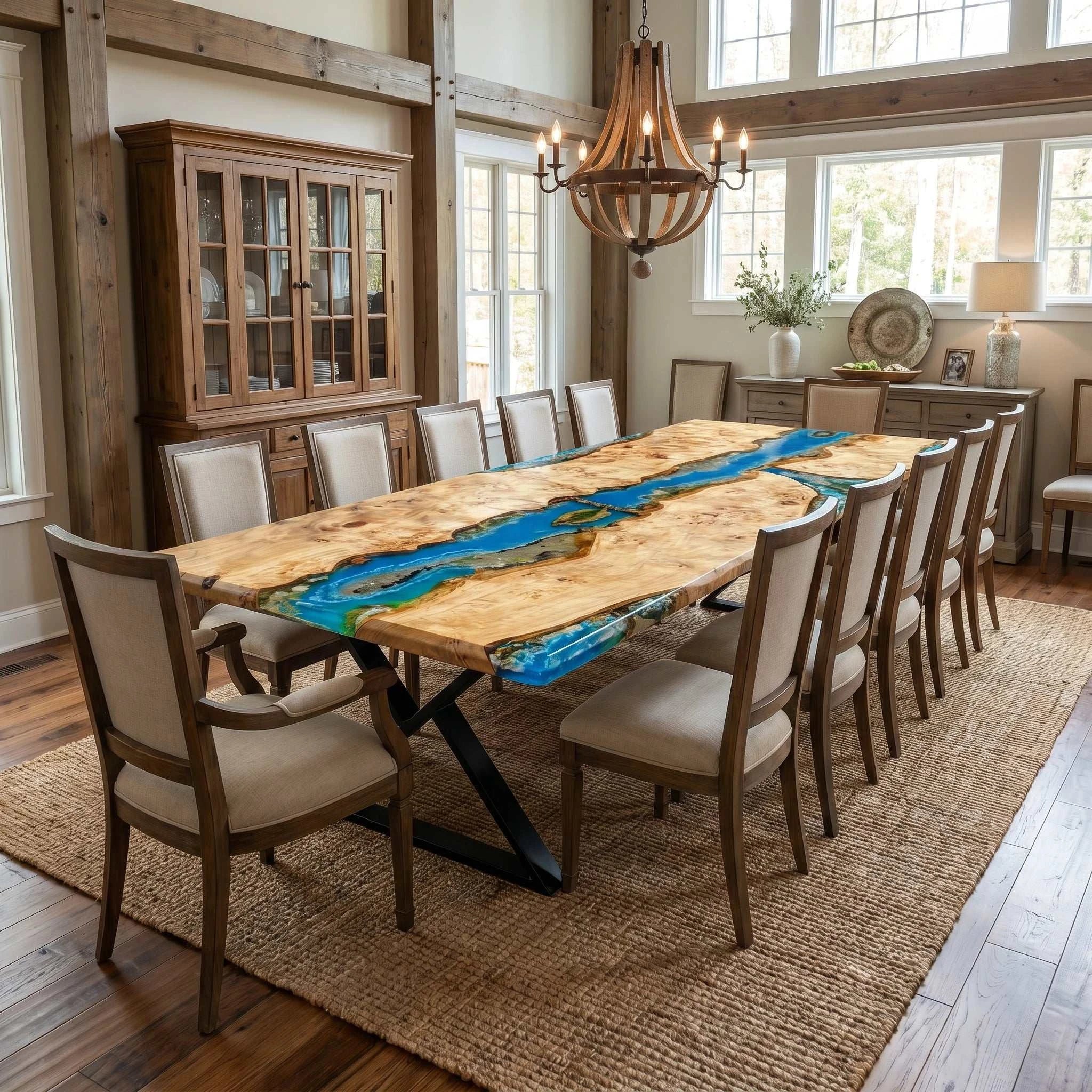 Archipelago Poplar Dining Table with live-edge wood and ocean blue resin river featuring islands and black metal base