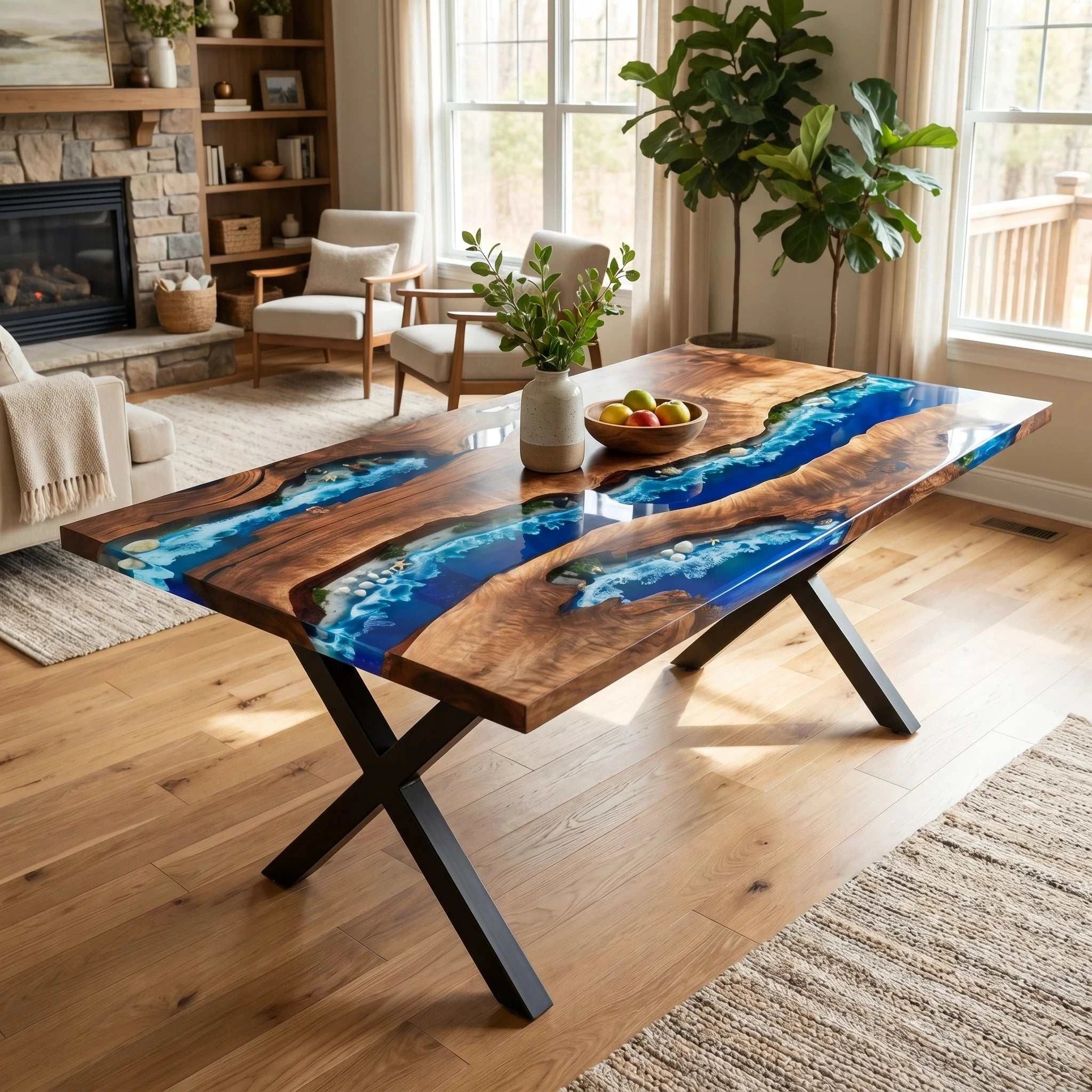 Coral Reef Live Edge Dining Table with walnut wood, blue resin ocean river, embedded shells, starfish, and black metal X-shaped base