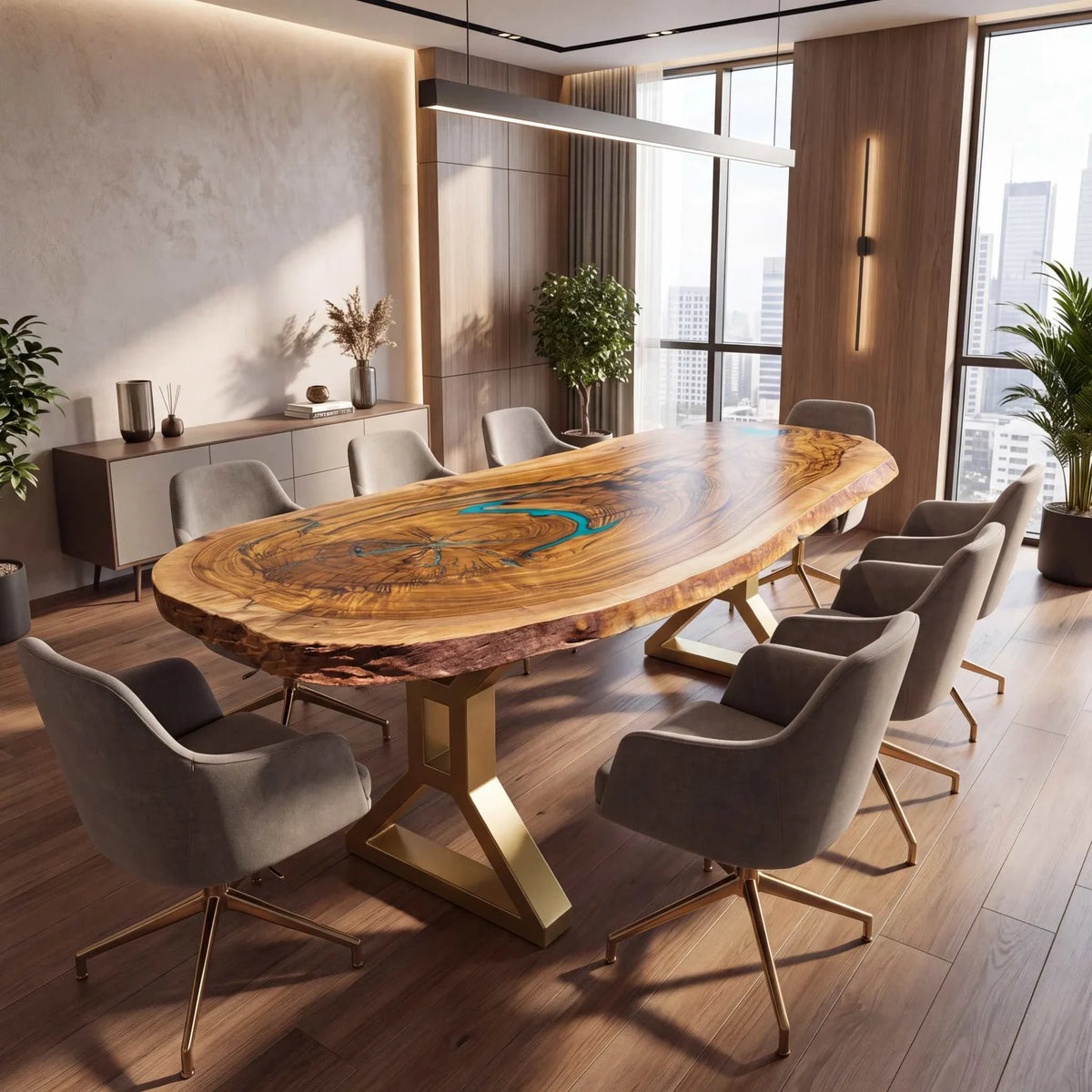 Atoll epoxy resin conference table with turquoise resin and gold base, seating eight