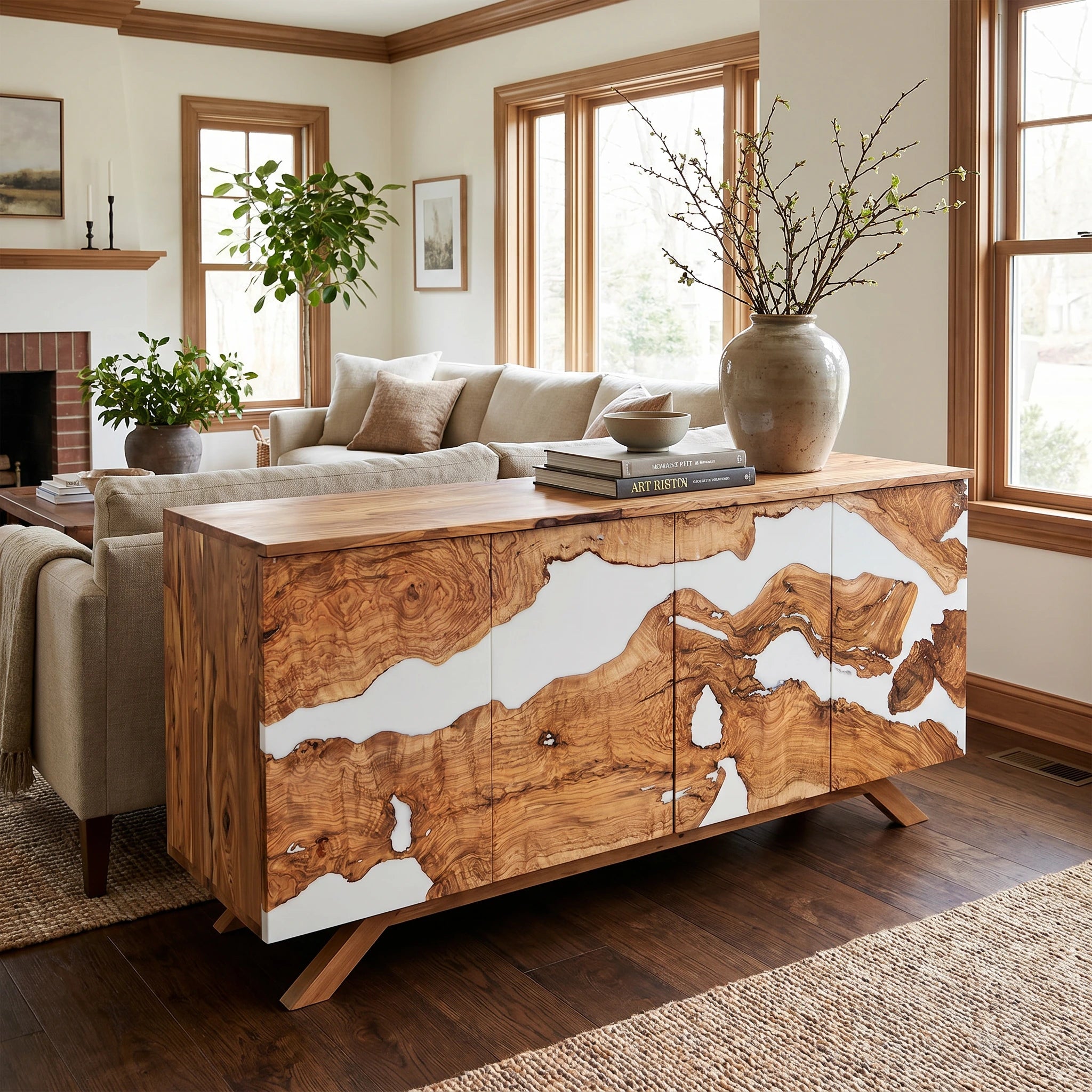 Wooden sideboard in a living room with a couch and decor