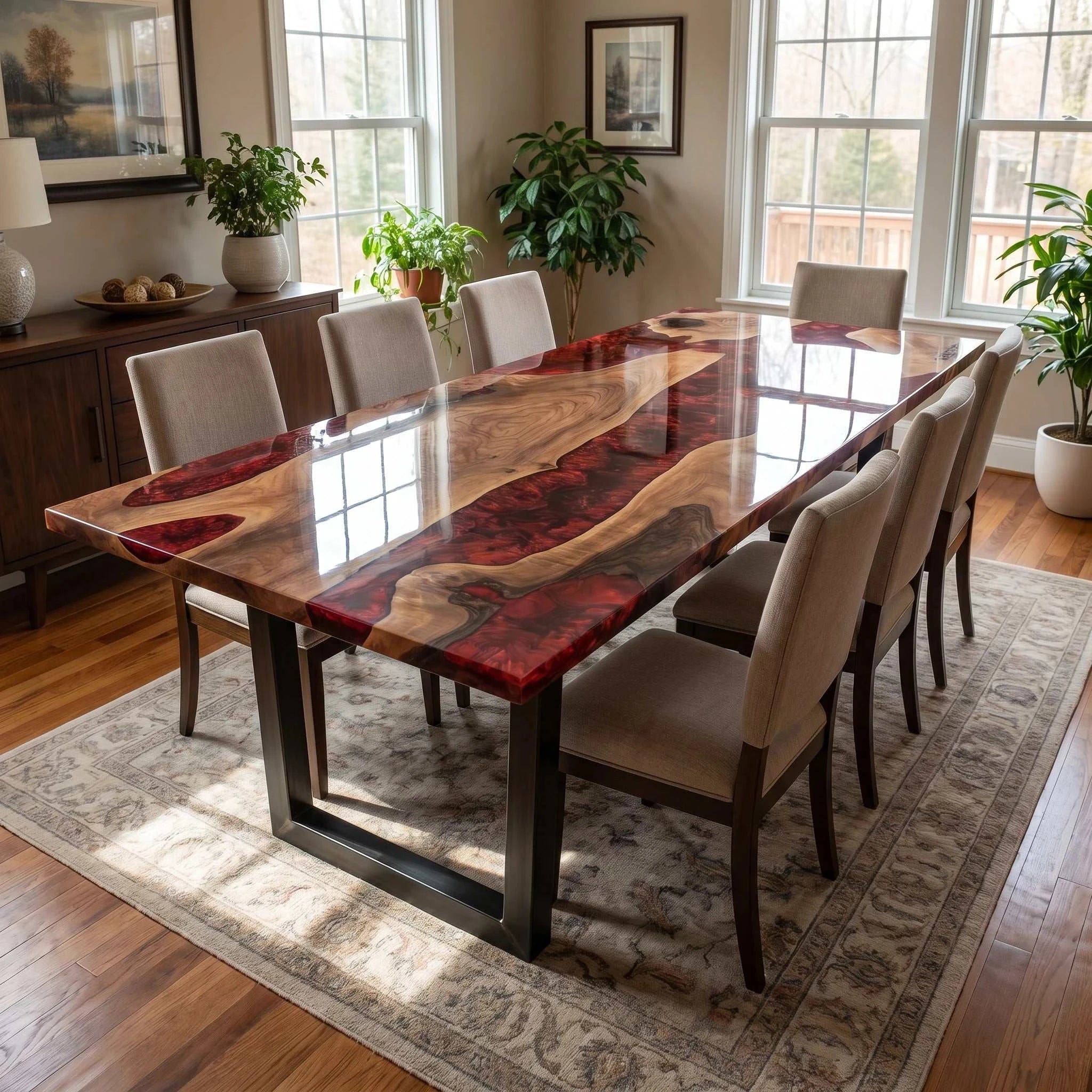 Crimson River Walnut dining table with deep red resin river and solid walnut wood grain