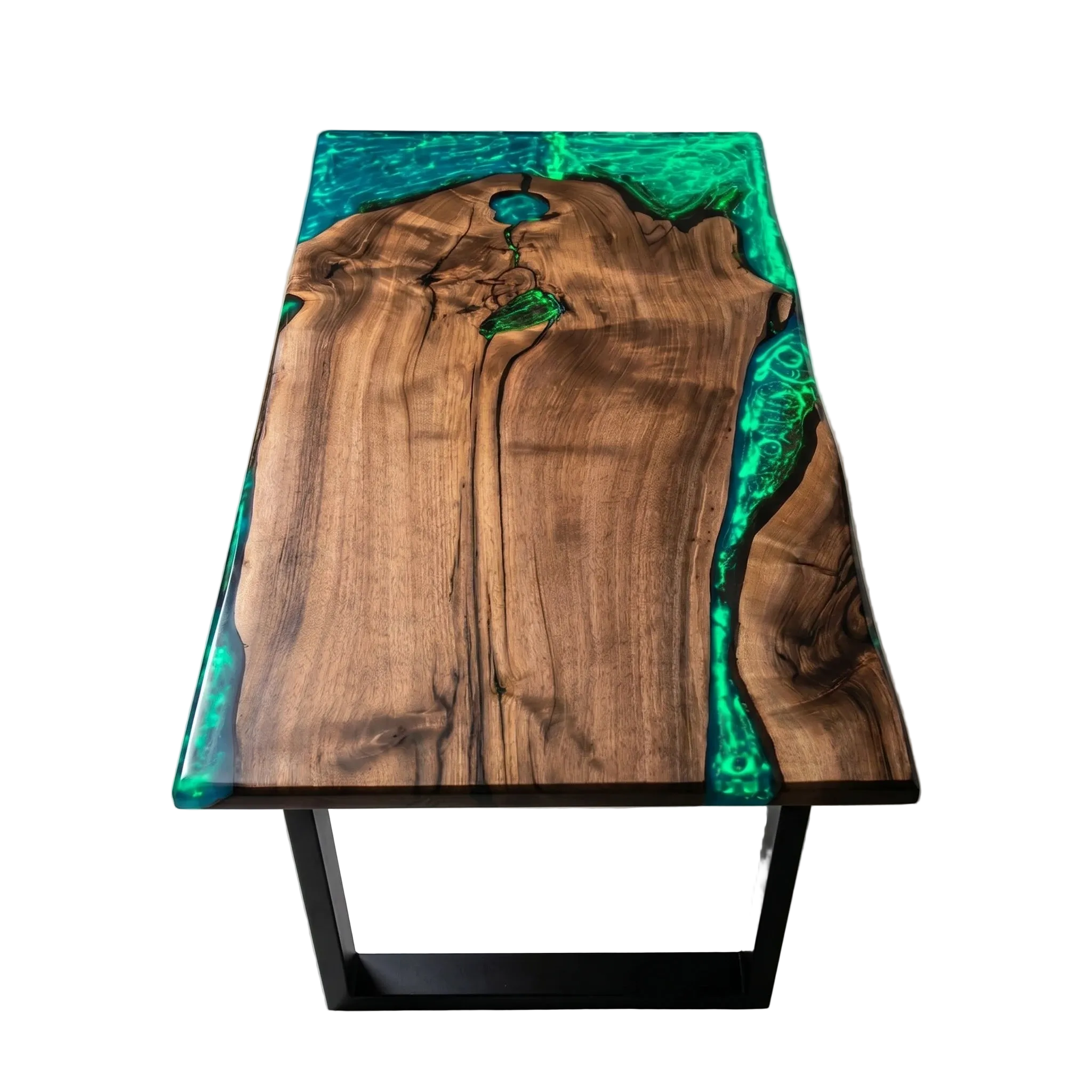 Wooden table with green resin inlay on a white background