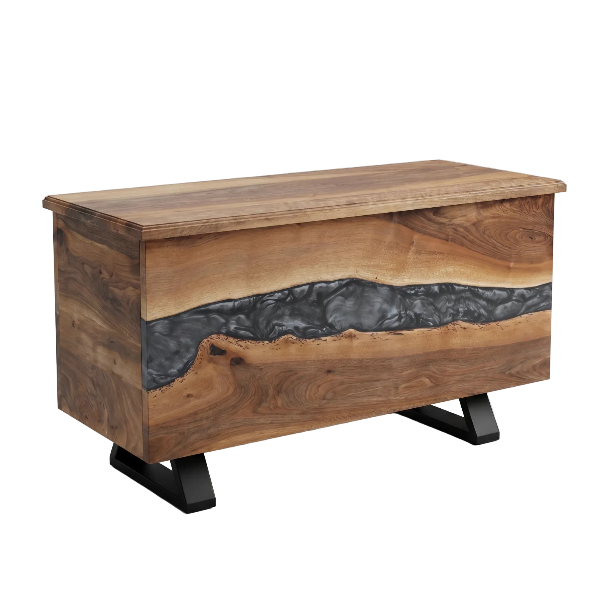 Storm Walnut Storage Bench with swirling gray resin in solid walnut and black metal legs