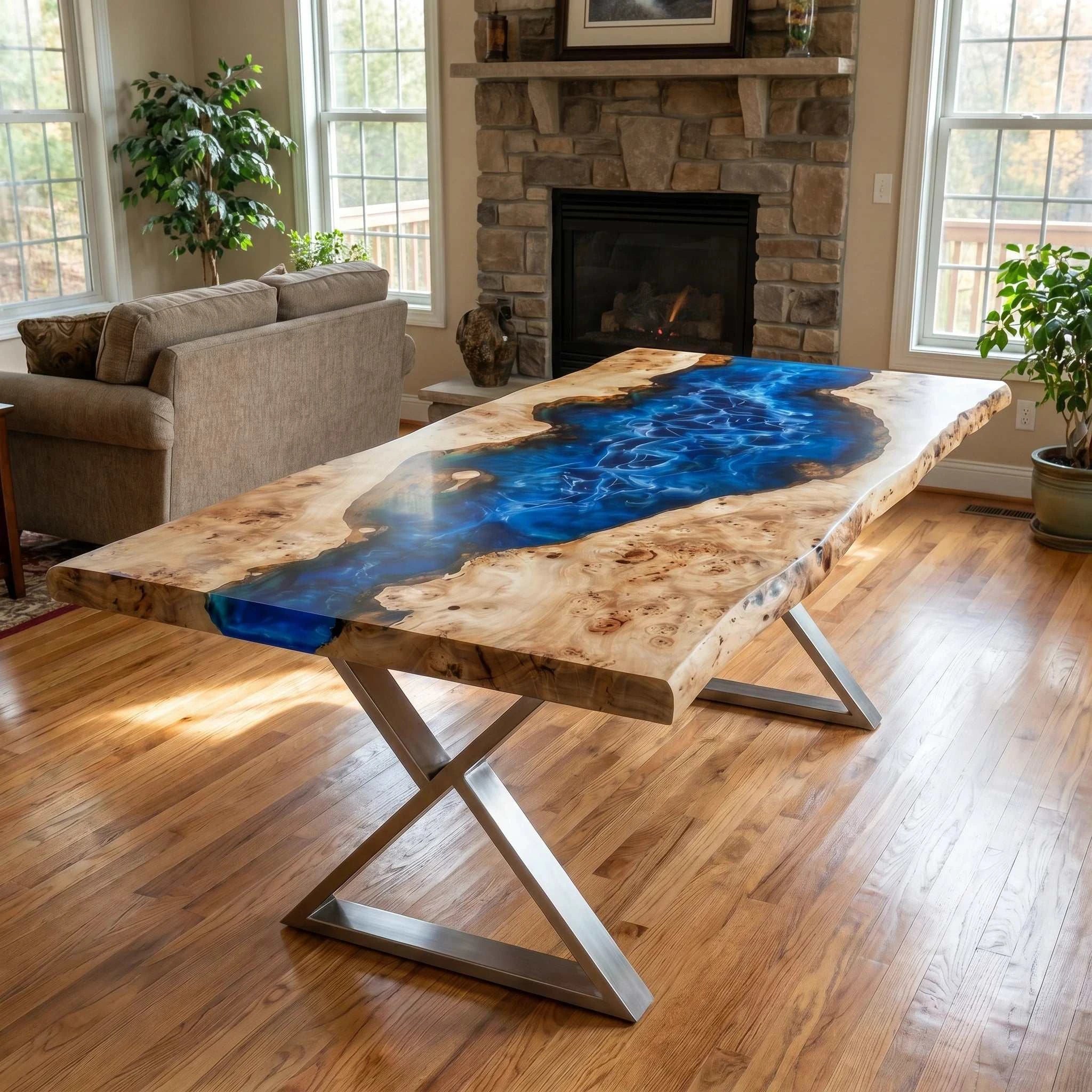 Cascade Burl Dining Table with poplar burl wood and ocean blue resin river on silver geometric metal base