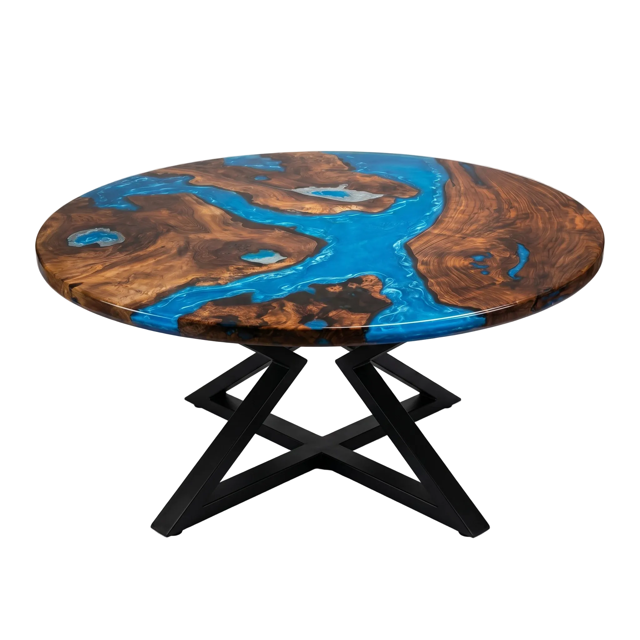 Round table with wooden and blue resin design on a white background