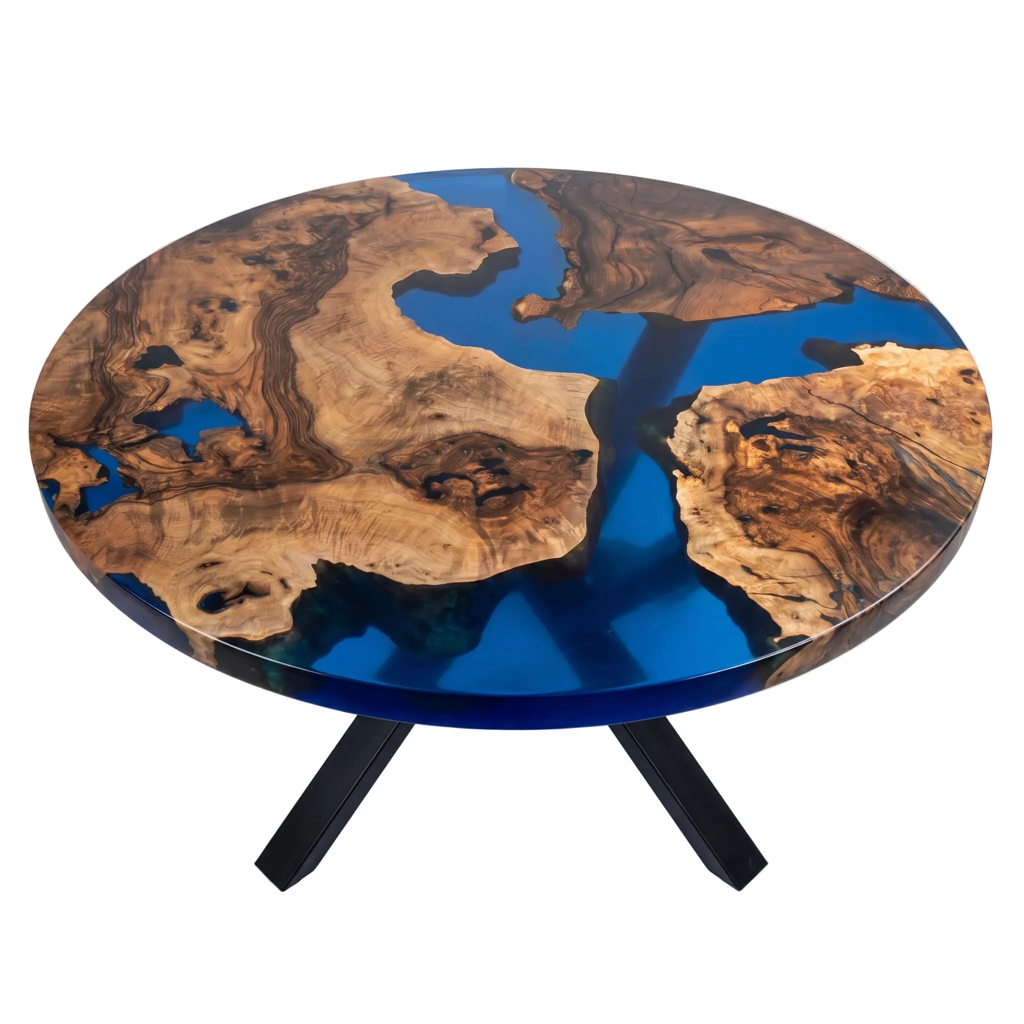 Round table with wooden top and blue resin inlay on a white background