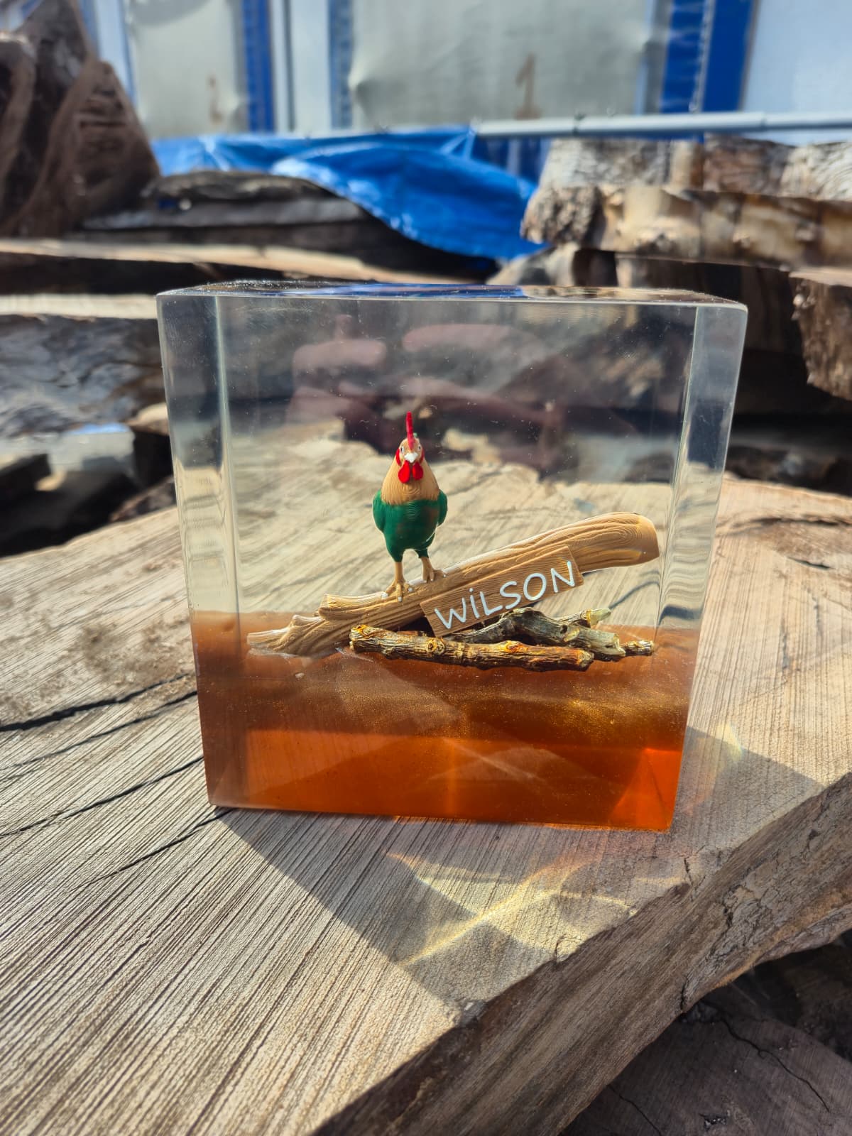 Wilson the Rooster handmade epoxy resin figurine with glossy finish and vibrant colors