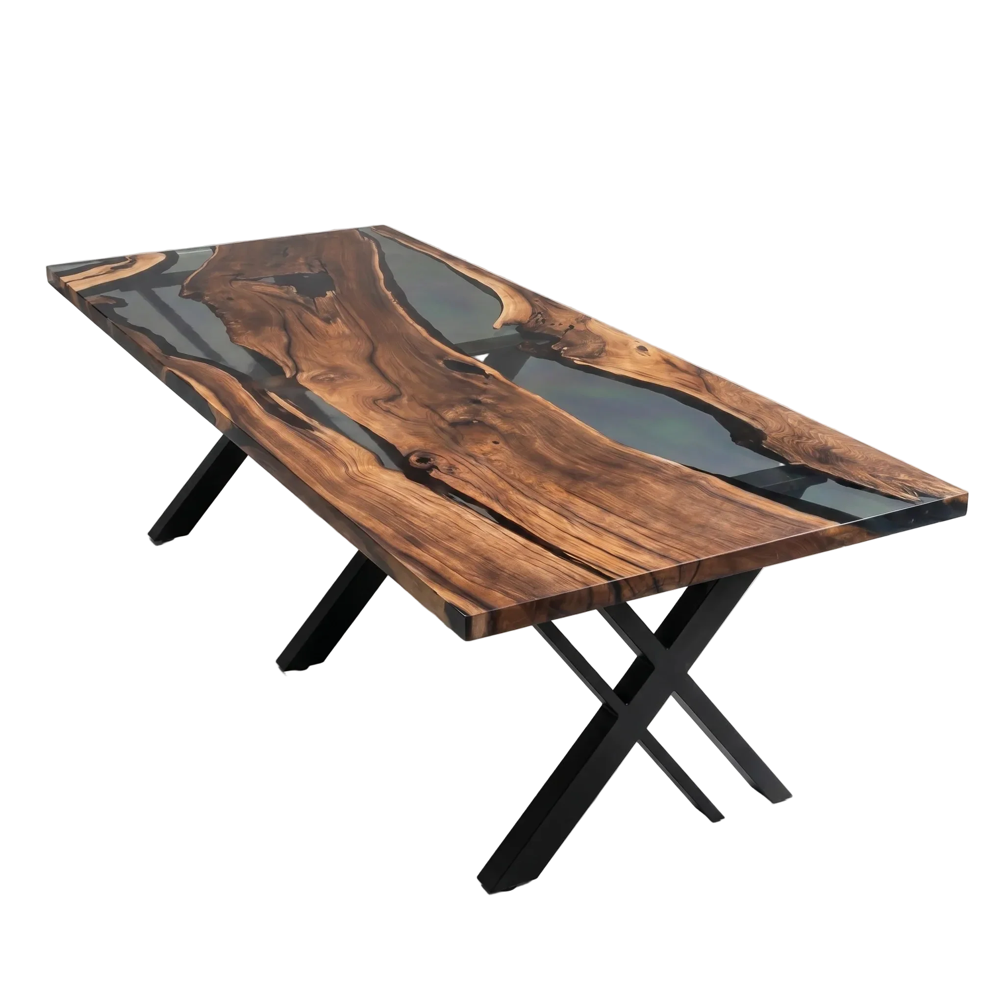 Ash River live edge dining table with smoky gray resin river and black metal X-legs