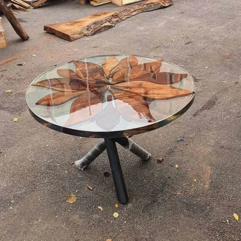 Sunburst walnut round dining table with clear epoxy resin and single pedestal base