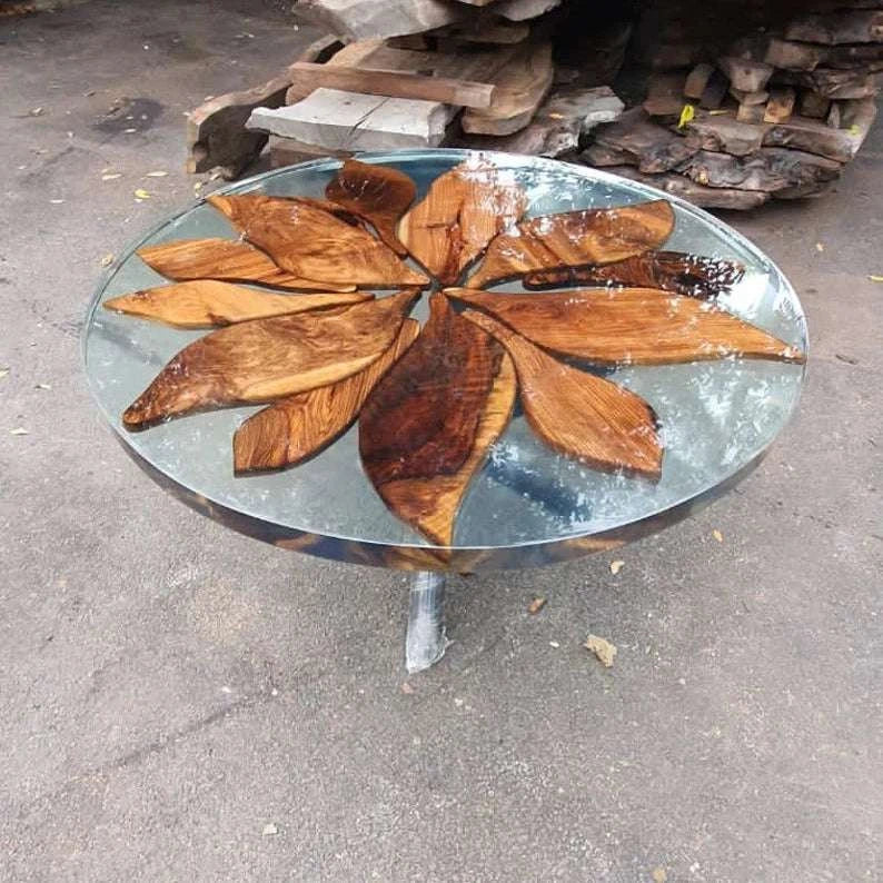 Sunburst walnut round dining table with clear epoxy resin and single pedestal base