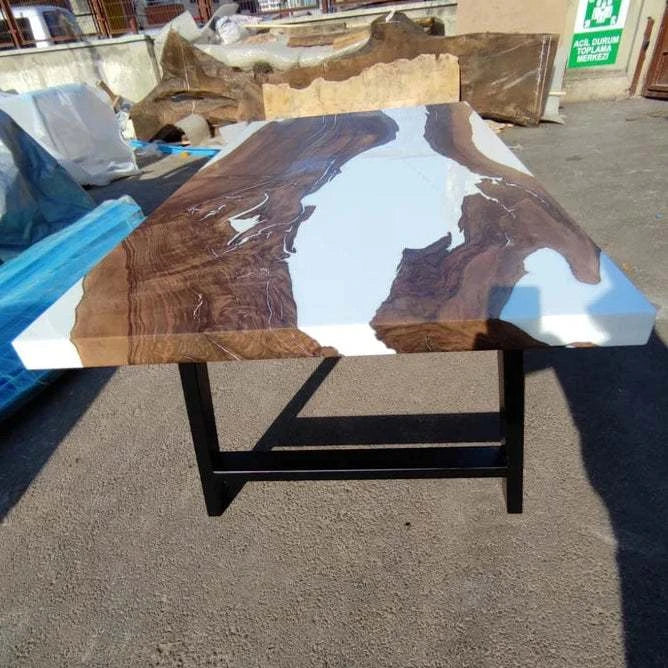 Live-edge Salt River Walnut dining table with white resin river and matte finish