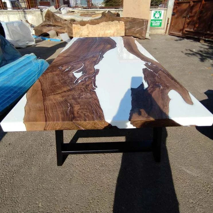 Live-edge Salt River Walnut dining table with white resin river and matte finish