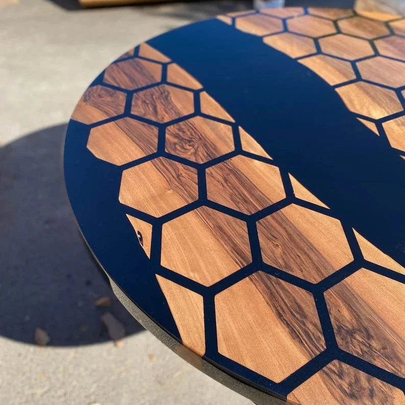 Honeycomb walnut round dining table with black resin river and dark metal star base