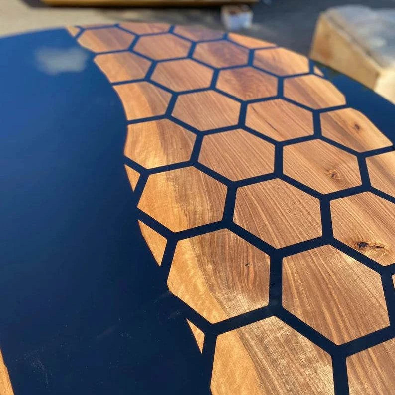 Honeycomb walnut round dining table with black resin river and dark metal star base