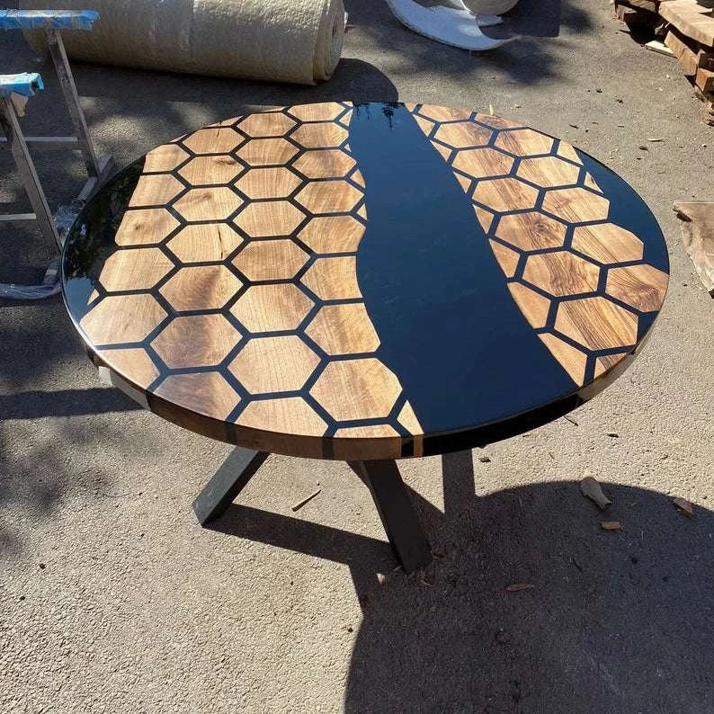 Honeycomb walnut round dining table with black resin river and dark metal star base