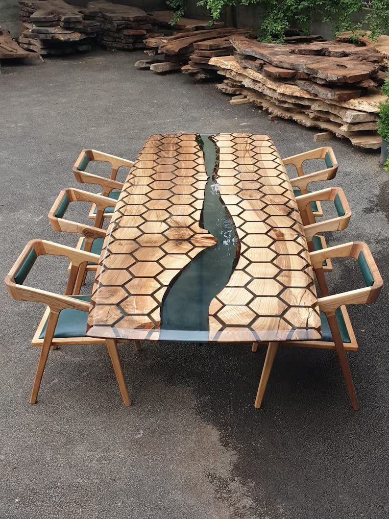 Tessellate walnut conference table with hexagon honeycomb pattern and clear resin river center on angled wooden legs