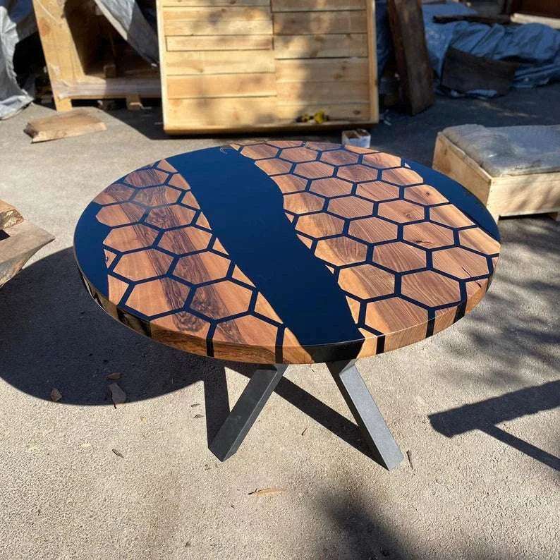 Honeycomb walnut round dining table with black resin river and dark metal star base