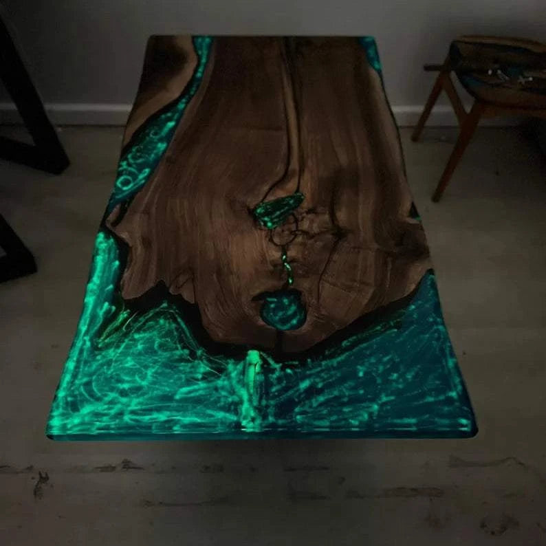 Aurora Glow Dining Table with turquoise phosphorus resin glowing inlaid in walnut wood live edge slab