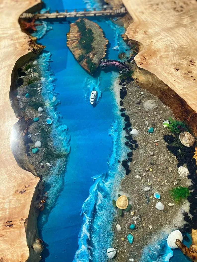 Archipelago Poplar Dining Table with ocean blue resin river and black metal base
