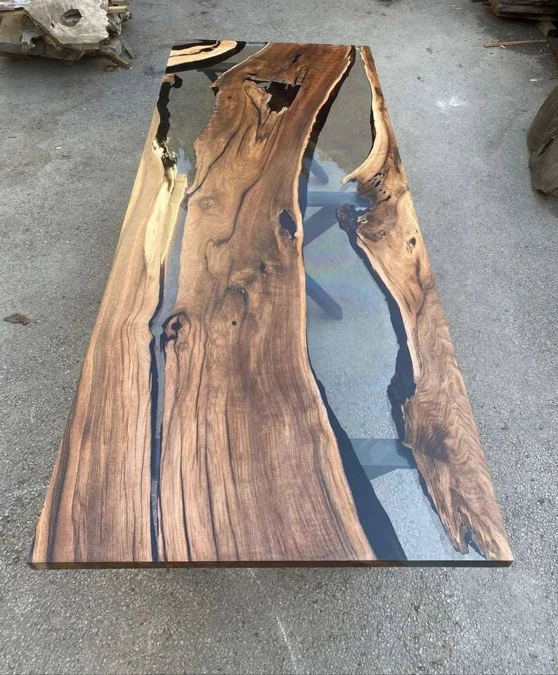 Ash River Live Edge Dining Table with smoky gray resin river and black metal X-legs