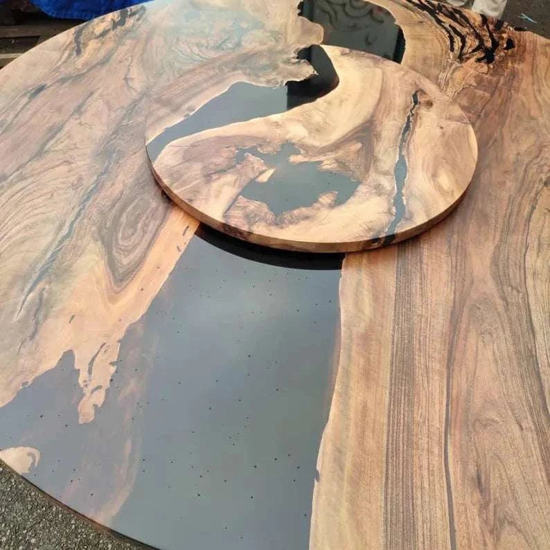 Smoke Ring Round Dining Table large walnut round table with black resin river and matching Lazy Susan turntable on black metal star base