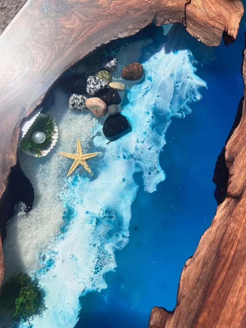 Coral Reef Live Edge Dining Table with walnut wood, ocean river resin, embedded shells and starfish, black metal X-base